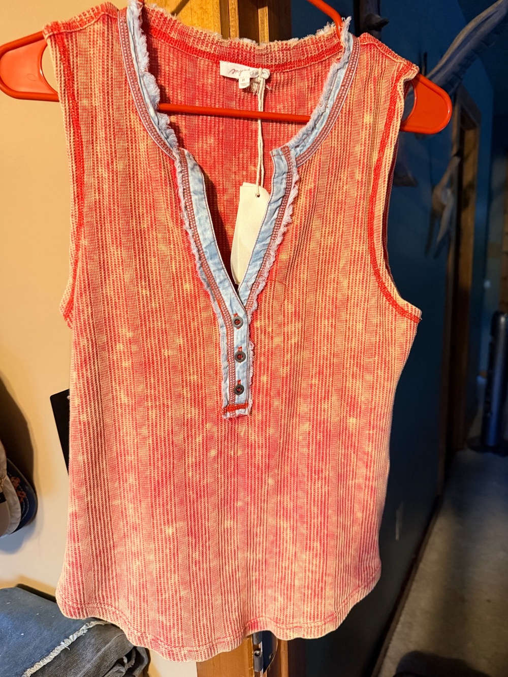 Mystree Sleeveless Red Acid Washed Tank with Contrast Trim